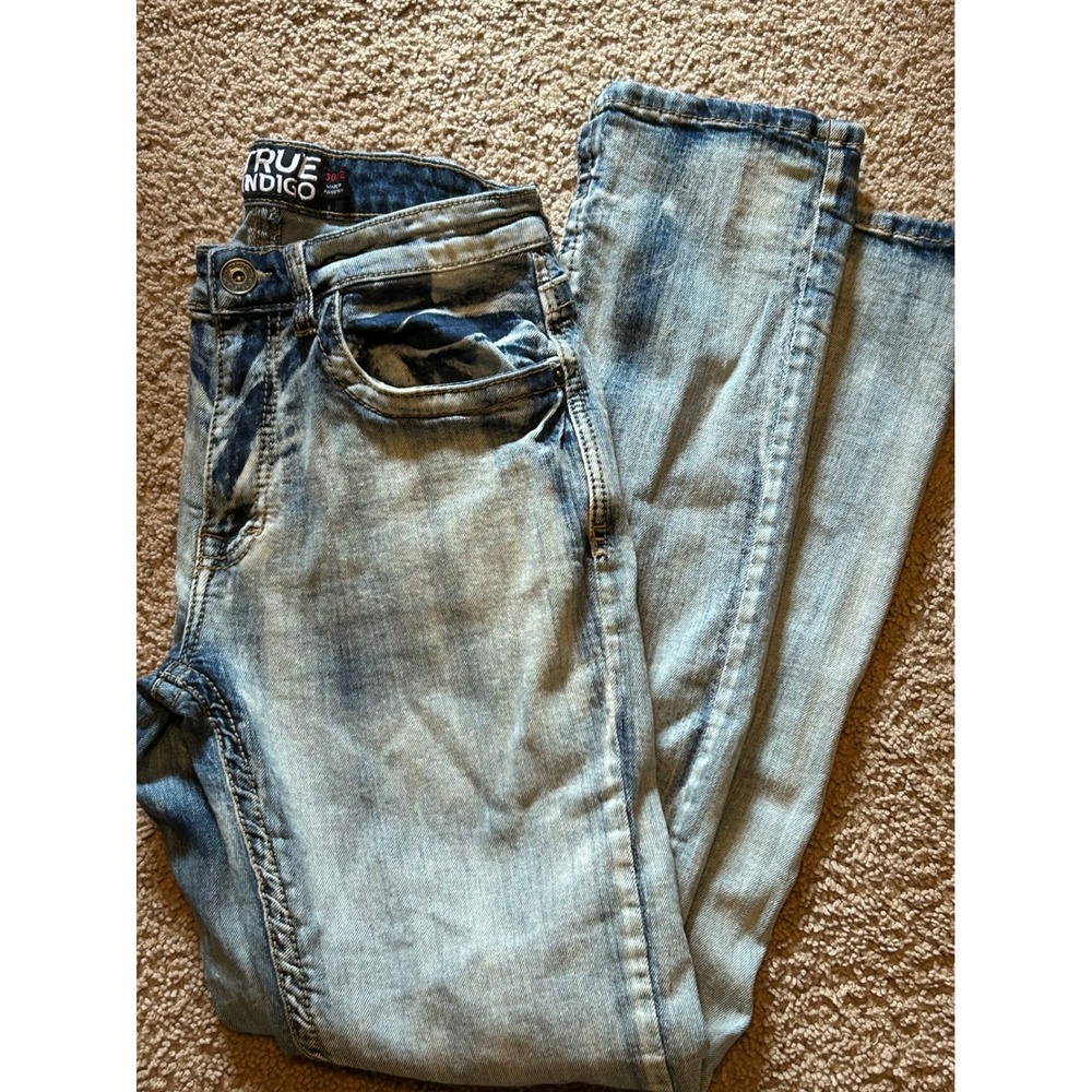 True Indigo Mens Slim Fit Light Acid Wash Embroidered Jeans 30x32  F-119